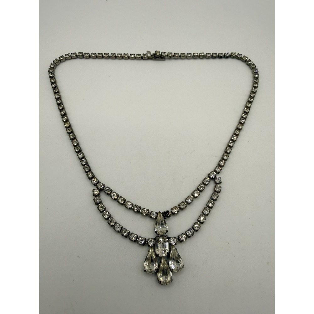 Vintage Rhinestone Necklace Silver Tone Sparkle Party 14.5" READ